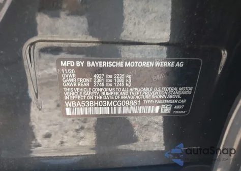 2021 BMW 530I из США, поврежденный, VIN WBA53BH03MCG09861